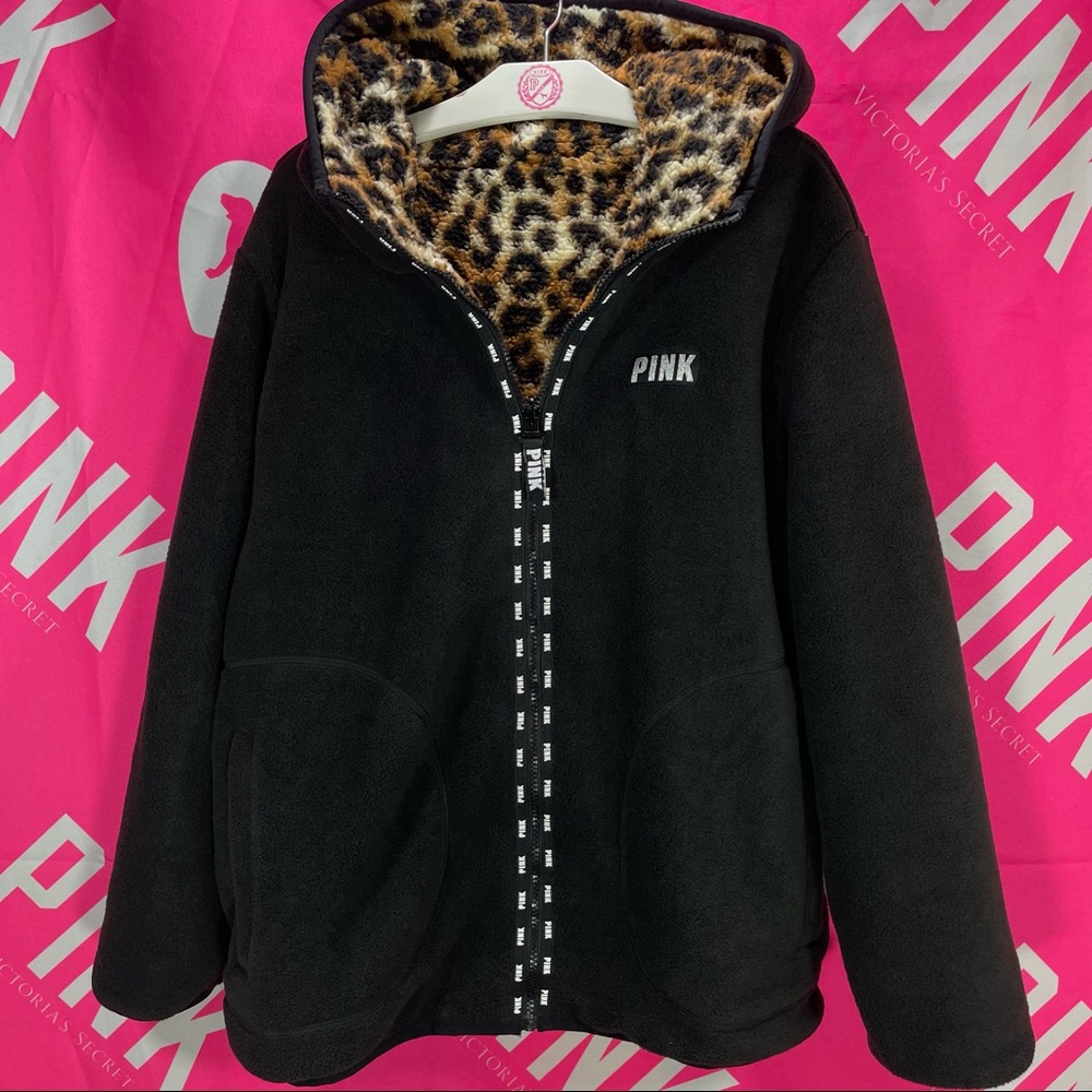💗 VS PINK 💗Cheetah Leopard Fleece Black Jacket Coat Large